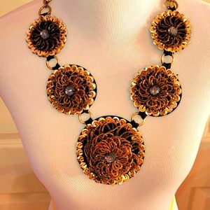 Large Vintage inspired Medallion Statement Necklace Gold tone Sequins and felt